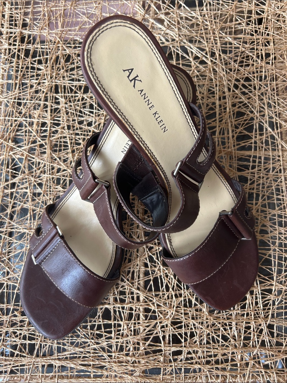 Anne Klein Brown Leather Buckle Strap Sandals